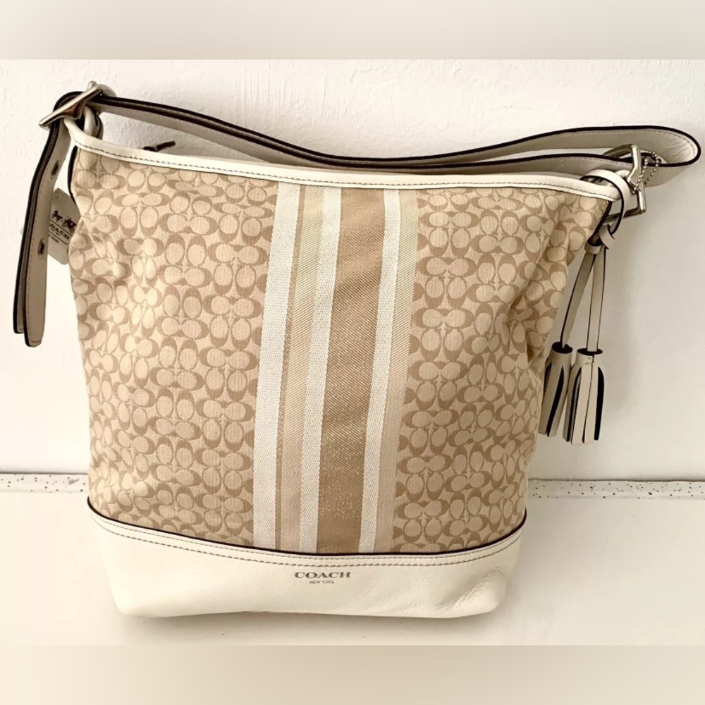 COACH bag LEGACY 2012 NWT condition Duffle Khaki Ivory Signature Glitter Stripe - Picture 10 of 10
